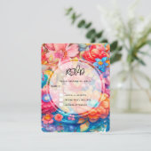 Bloemenboeket Sinaasappel & Blauw Boho Bruiloft RSVP Kaartje (Staand voorkant)