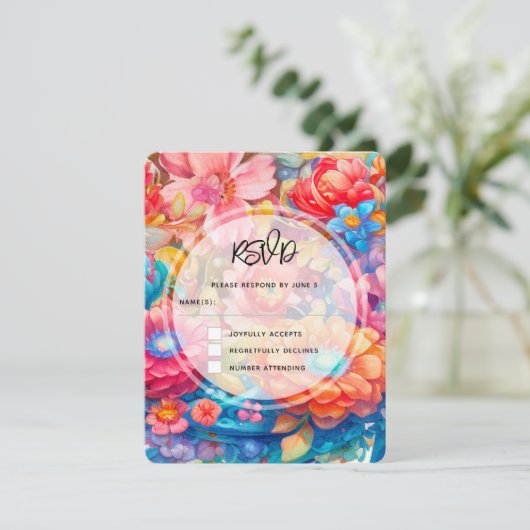 Bloemenboeket Sinaasappel & Blauw Boho Bruiloft RSVP Kaartje (Staand voorkant)