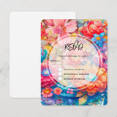 Bloemenboeket Sinaasappel & Blauw Boho Bruiloft RSVP Kaartje (Voorkant / Achterkant)