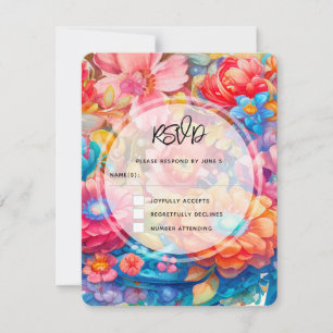 Bloemenboeket Sinaasappel & Blauw Boho Bruiloft RSVP Kaartje