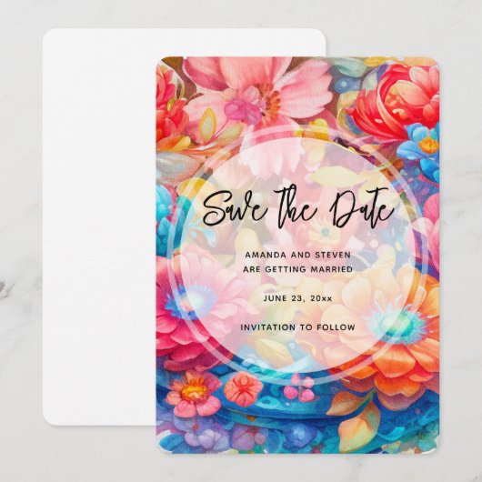 Bloemenboeket Sinaasappel & Blauw Boho Bruiloft Save The Date (Voorkant / Achterkant)