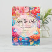 Bloemenboeket Sinaasappel & Blauw Boho Bruiloft Save The Date (Staand voorkant)