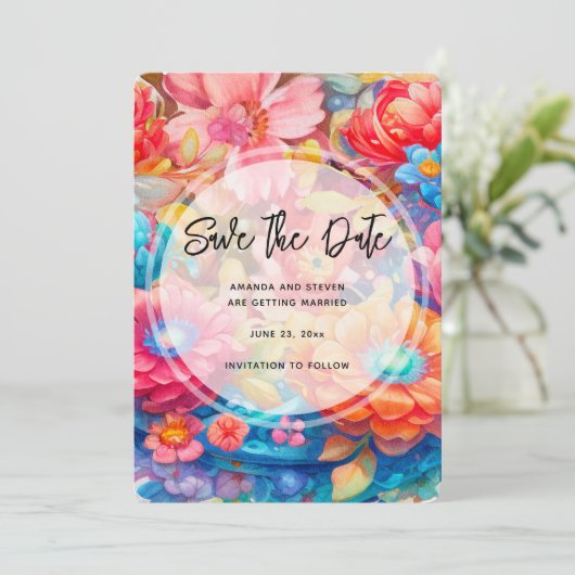 Bloemenboeket Sinaasappel & Blauw Boho Bruiloft Save The Date (Staand voorkant)