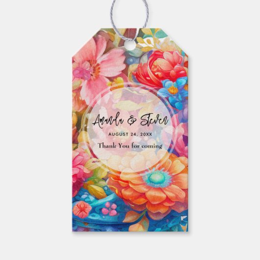 Bloemenboeket Sinaasappel & Blauw Bruiloft Dank u Cadeaulabel (Voorkant)