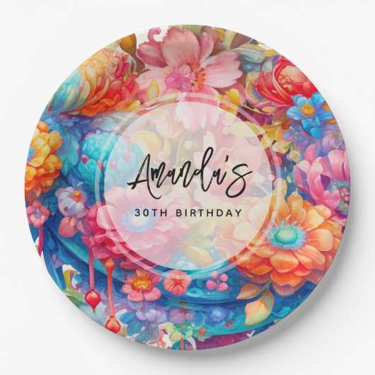 Bloemenboeket Sinaasappel & Blue Boho Verjaardag Papieren Bordje (Voorkant)