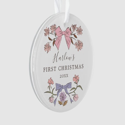 Bloemenbogen roze en Paarse baby's eerste kerst Ornament (voorkant)