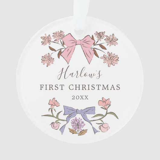Bloemenbogen roze en Paarse baby's eerste kerst Ornament (voorkant)
