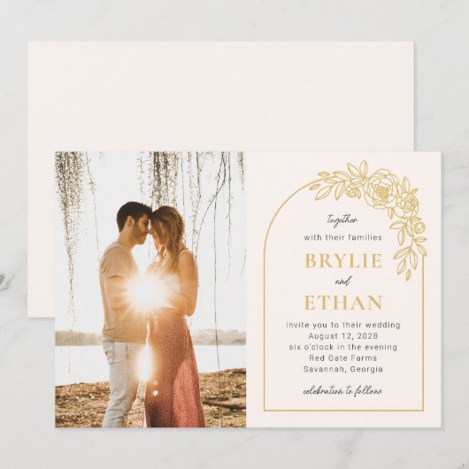 Bloemenboog bewerkbare kleur foto bruiloft kaart (Voorkant / Achterkant)