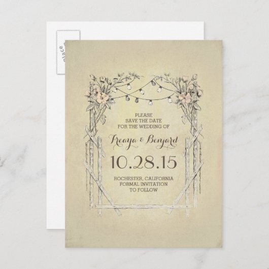 Bloemenboog  rustiek save the date aankondigingskaart (Voorkant / Achterkant)