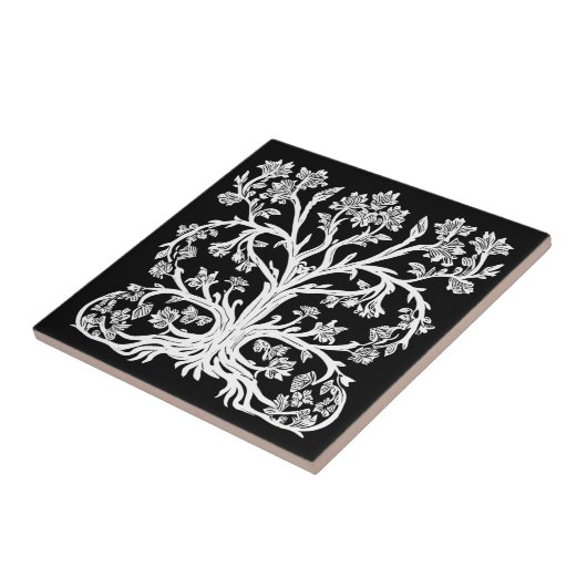 Bloemenboom van het leven in wit op zwart tegeltje (Zijkant)