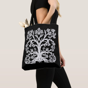 Bloemenboom van het leven in wit op zwart tote bag