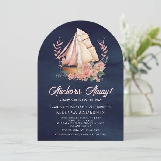 Bloemenboot Nautisch Meisje Navy Arch Baby shower Kaart (Staand voorkant)