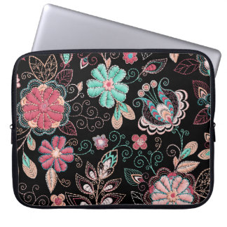 bloemenborduursel donker patroon laptop sleeve