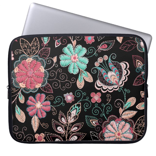  bloemenborduursel donker patroon laptop sleeve (Voorkant)