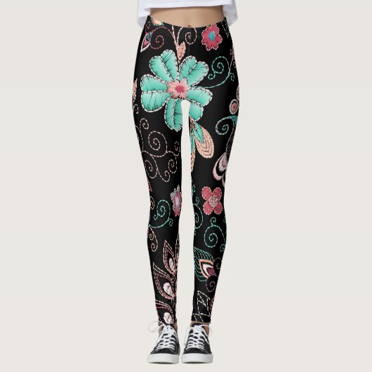  bloemenborduursel donker patroon leggings (Voorkant)