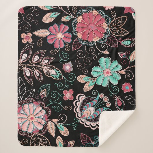  bloemenborduursel donker patroon sherpa deken (Voorkant)