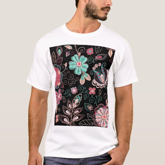 bloemenborduursel donker patroon t-shirt (Voorkant)