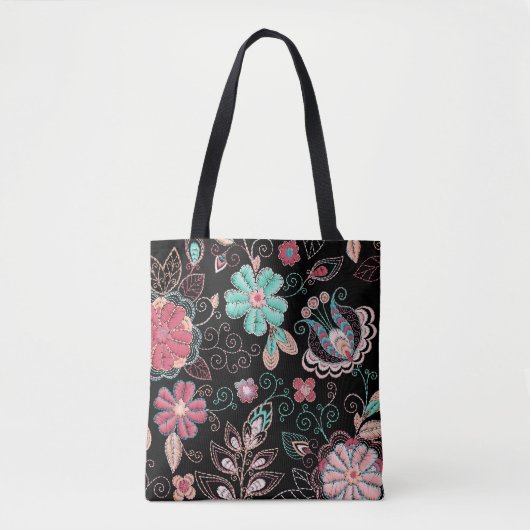 bloemenborduursel donker patroon tote bag (Voorkant)