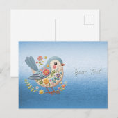 Bloemenborduurwerk Kleine Vogel Blauw Ansichtkaart Briefkaart (Voorkant / Achterkant)