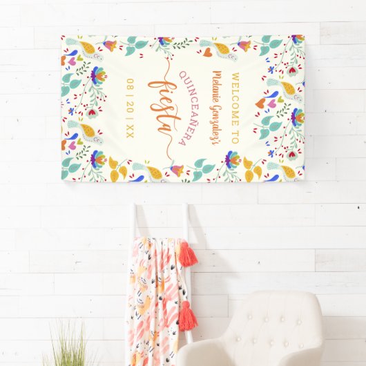 Bloemenborduurwerk Welkom Quinceañera Fiesta Spandoek (Insitu)