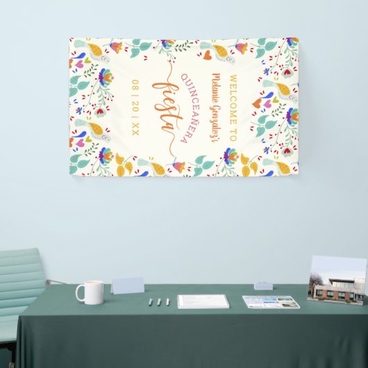 Bloemenborduurwerk Welkom Quinceañera Fiesta Spandoek (Beurs)