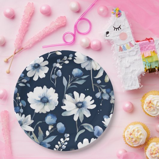 Bloemenbos Elegante Waterverf Blauw Papieren Bordje (Feest)