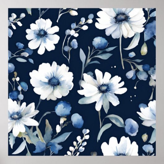 Bloemenbos Elegante Waterverf Blauw Poster (Voorkant)