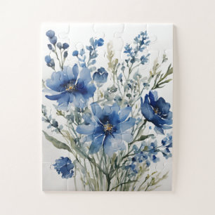 Bloemenbos Elegante Waterverf Stijlvol Blauw Legpuzzel