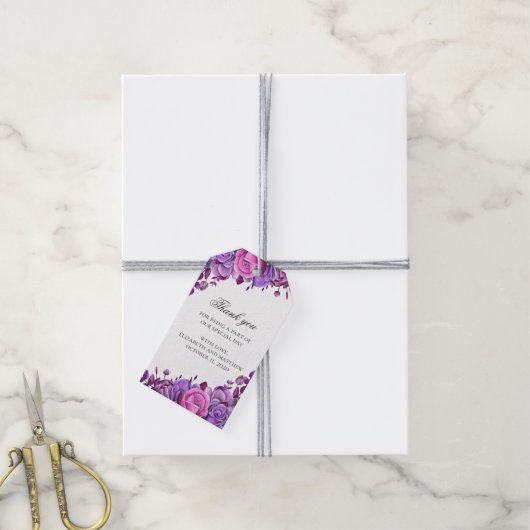 Bloemenbruiloft dank u. Roze en paarse bloemen Cadeaulabel (Met Touw)