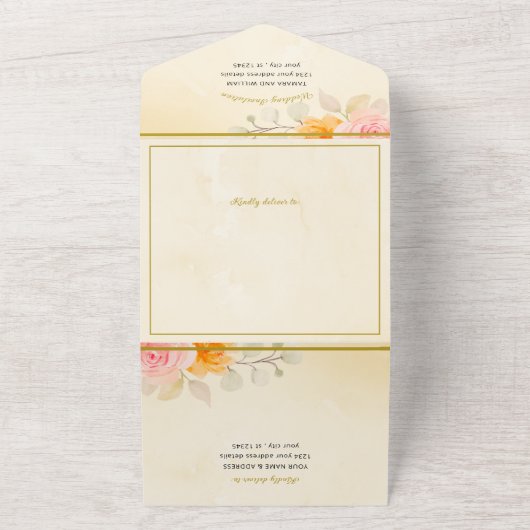 Bloemenbruiloft Elegant Gold Cream Waterverf All In One Uitnodiging (Buitenkant)