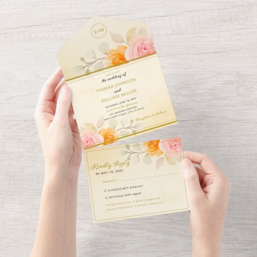 Bloemenbruiloft Elegant Gold Cream Waterverf All In One Uitnodiging (Afscheurbaar)