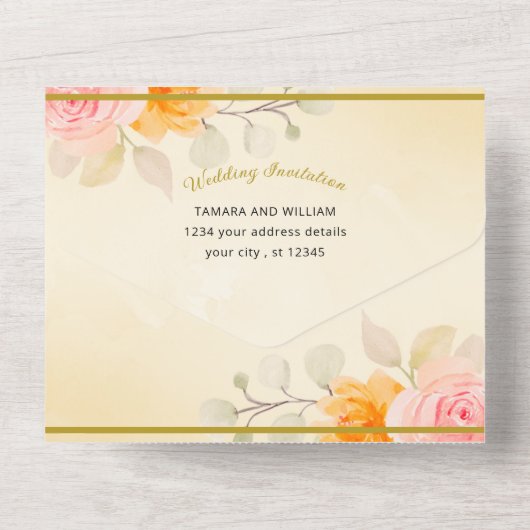 Bloemenbruiloft Elegant Gold Cream Waterverf All In One Uitnodiging (Achterkant)