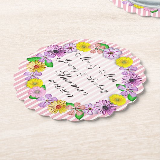 Bloemenbruiloft gepersonaliseerd aangepaste papier kartonnen onderzetters (Gekanteld)