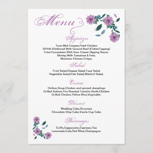 Bloemenbruiloft Menu Kaart (Voorkant)