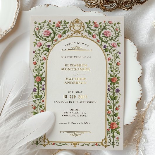 Bloemenbruiloft met Rozen & Goud Folie Uitnodiging