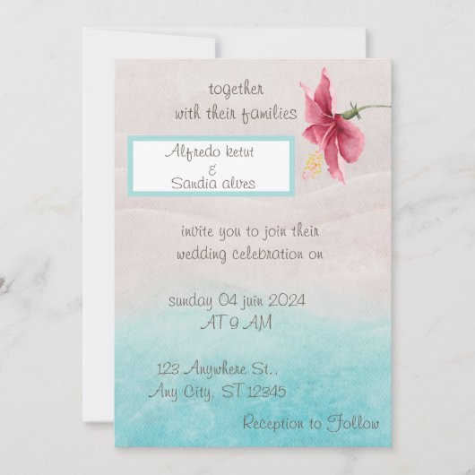 Bloemenbruiloft uitnodiging in beige en blauw (Voorkant)