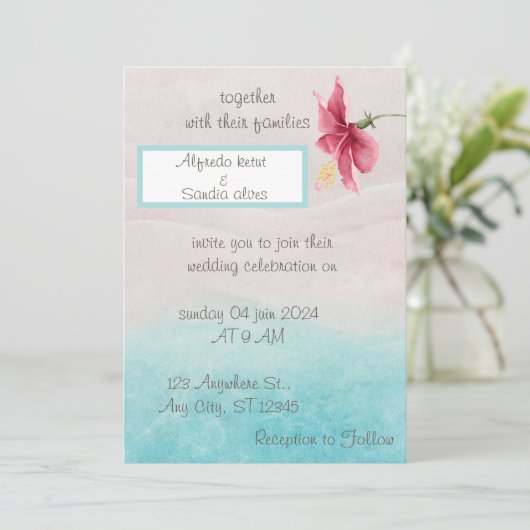 Bloemenbruiloft uitnodiging in beige en blauw (Staand voorkant)