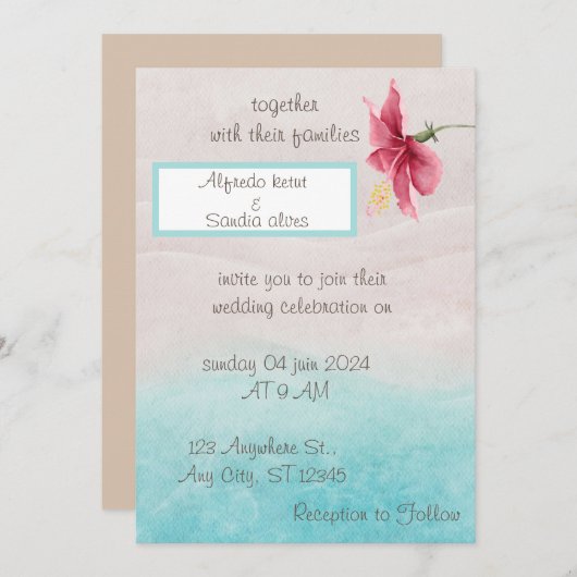 Bloemenbruiloft uitnodiging in beige en blauw (Voorkant / Achterkant)