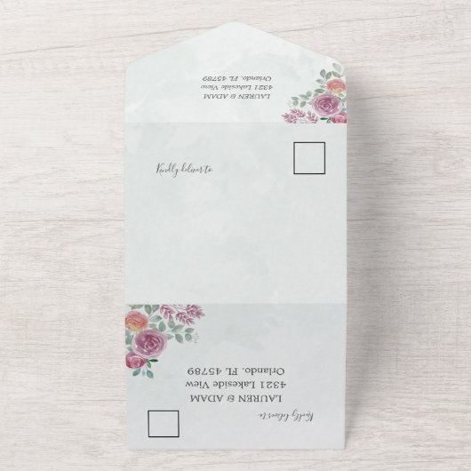 bloemenbruiloft Waterverf Bourgondië & Burnt Sinaa All In One Uitnodiging (Buitenkant)