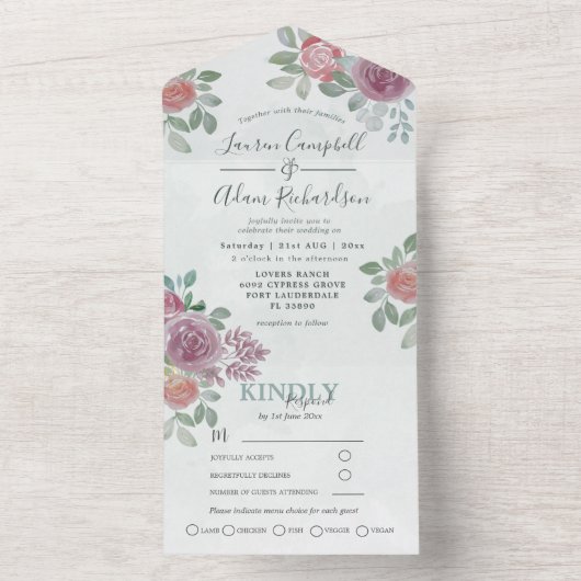 bloemenbruiloft Waterverf Bourgondië & Burnt Sinaa All In One Uitnodiging (Binnen)