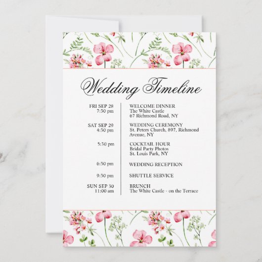 Bloemenbruiloft welkomsttas Letter & Timeline Kaar Kaart (Achterkant)