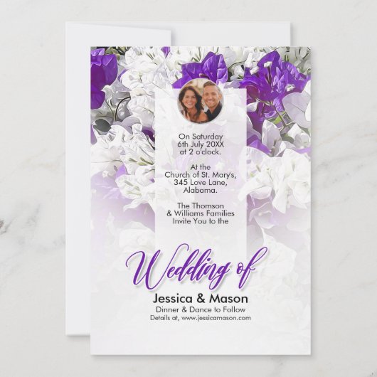 Bloemenbruiloft wit Paarse uitnodiging (Achterkant)
