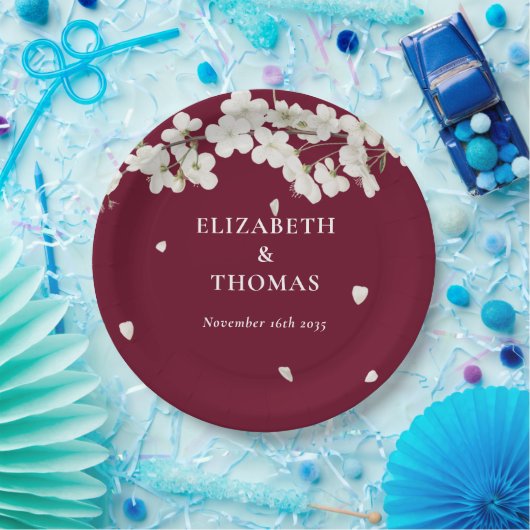 Bloemenbruiloft witte bloesem Bourgondië Papieren Bordje (Feest)