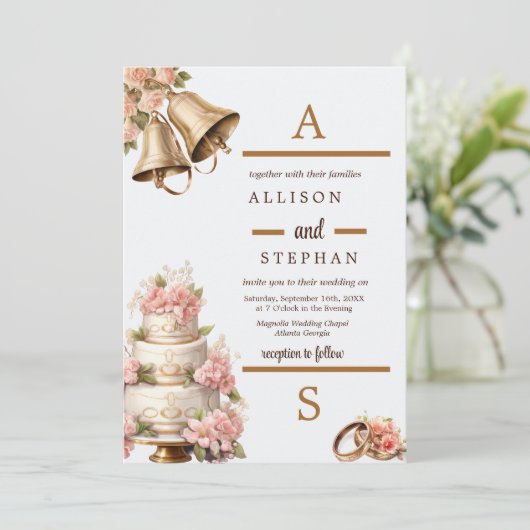  bloemencake bruiloft klokken kaart (Staand voorkant)