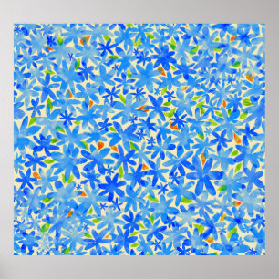 Bloemencascade: Blauwe bloemen naadloos patroon Poster