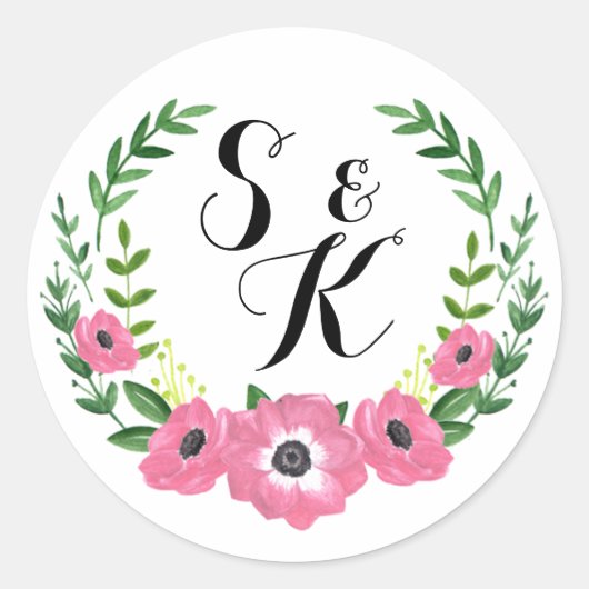 Bloemencirkel monogram sticker bruiloft gunsten (Voorkant)