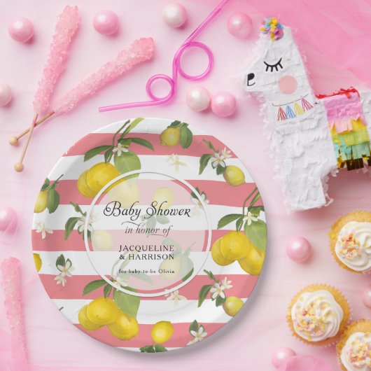 Bloemencitroen Citrus Bladgroen in witte streep Papieren Bordje (Feest)