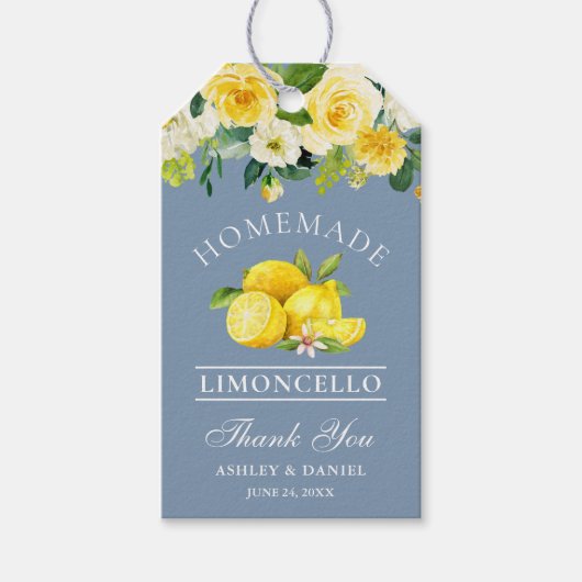Bloemencitroenen Stoffig Blauw Limoncello Bruiloft Cadeaulabel (Voorkant)