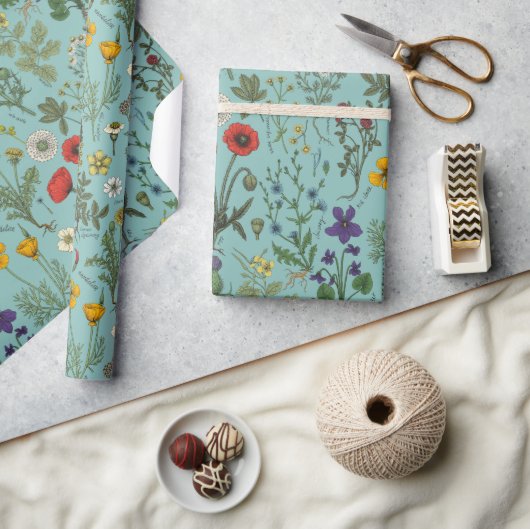 Bloemencollage op blauw cadeaupapier (Crafts)