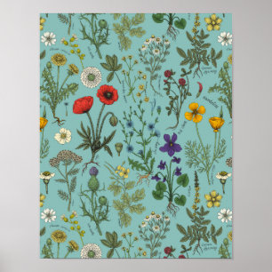 Bloemencollage op blauw poster